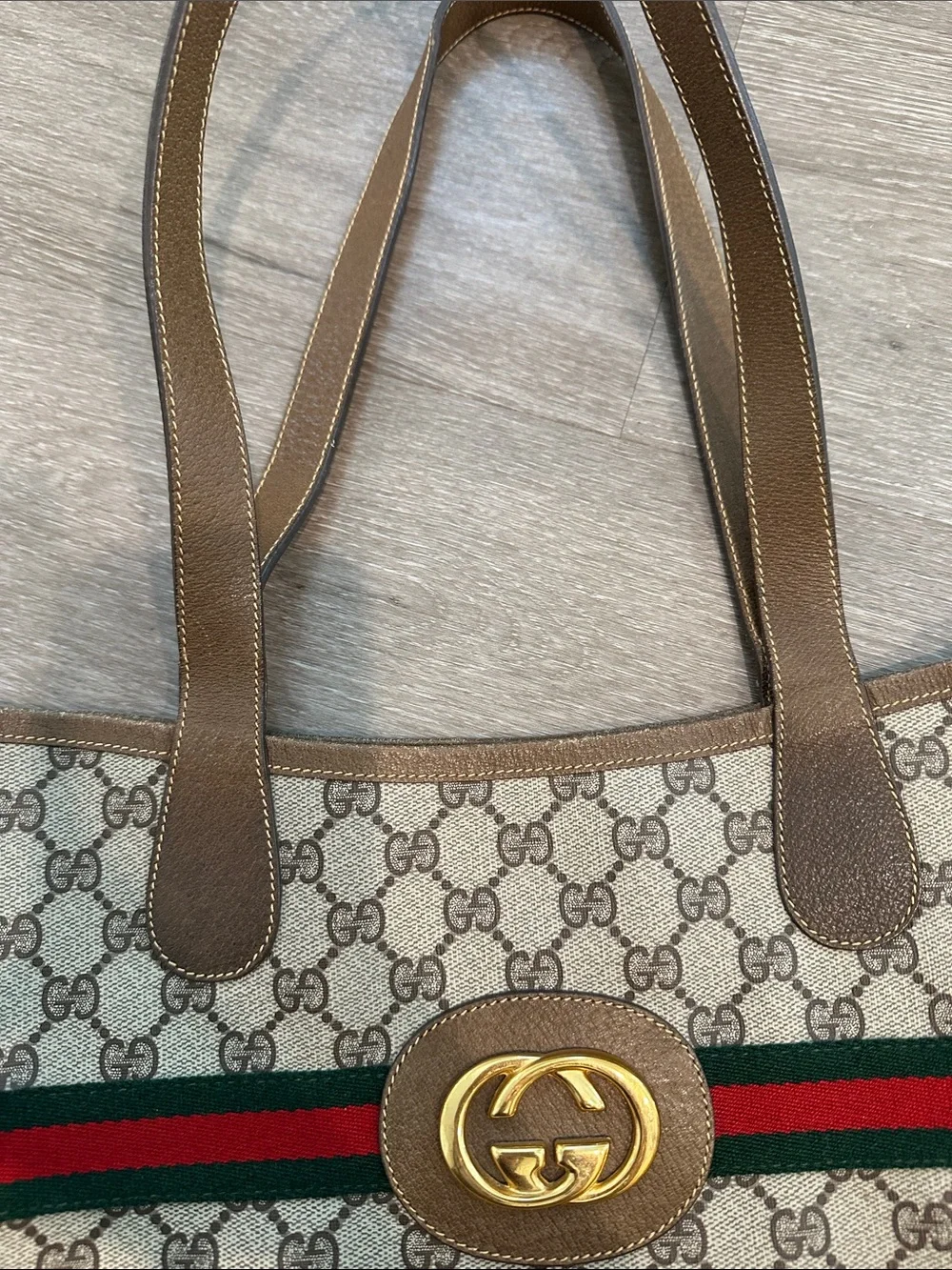 Gucci Beige Brown GG Supreme Tote with Green-Red Web Stripe